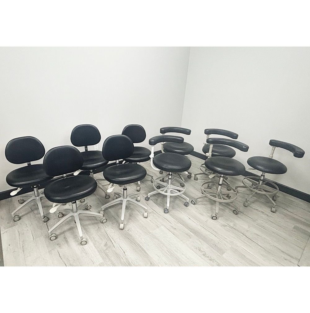 (SET of 5) x ADEC 1601 & 1622 (Surf or White) Dental Doctor & Assistant Stool Sets - Good Used Ultraleather Upholstery (Raven Wing)